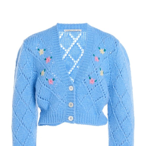 ALESSANDRA RICH Blue Embroidered Pointelle Cropped Cardigan IT 38 - Picture 5 of 8